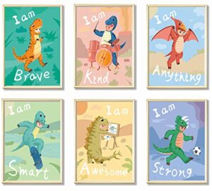 tyzzhoa i am awesome-brave-smart 6 pcs 8x10 inch dinosaur wall art posters, dinosaur room decor for boys, motivational quote wall decor for playroom, nursery room and kids room (unframed).