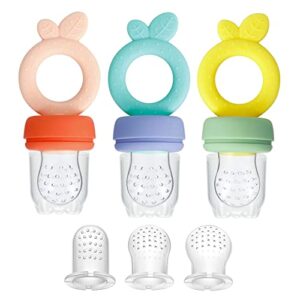 pandaear 3 pack silicone baby fruit food feeder pacifier with 3 sizes silicone pouches, bpa free mesh feeder for infants