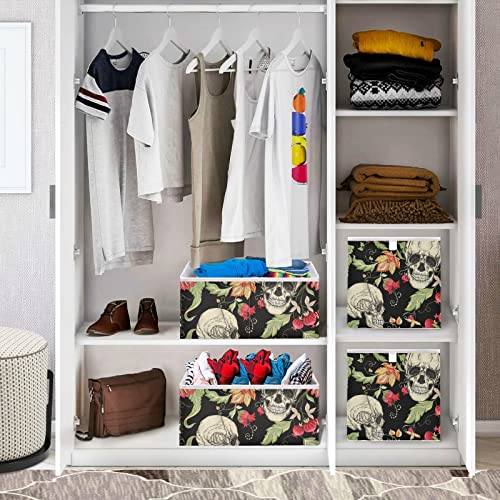 RunningBear Skulls Vintage Flowers Storage Basket Storage Bin Square Collapsible Nursery Baskets Empty Gift Baskets Organizer for Home Kitchen Office