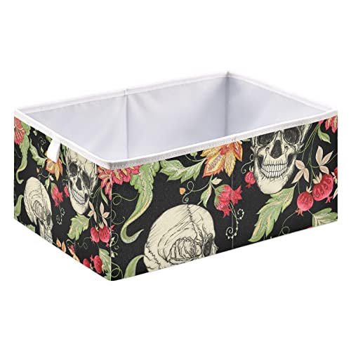 RunningBear Skulls Vintage Flowers Storage Basket Storage Bin Square Collapsible Nursery Baskets Empty Gift Baskets Organizer for Home Kitchen Office