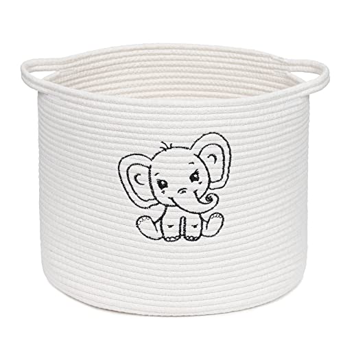 OHTY - Nursery Baby Basket with Cute Elephant, Toy Basket, Nursery Basket, Blanket Basket, 14”x11”x12 (White)