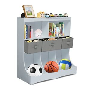 kinbor kids storage organizer bookcase - 3-tier toy storage cabinet toddlers bookshelf with 3 removable drawers, baskets multi shelf cubby for nursery activity room bedroom, white