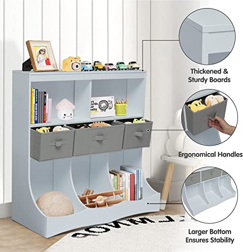 kinbor Kids Storage Organizer Bookcase - 3-Tier Toy Storage Cabinet Toddlers Bookshelf with 3 Removable Drawers, Baskets Multi Shelf Cubby for Nursery Activity Room Bedroom, White