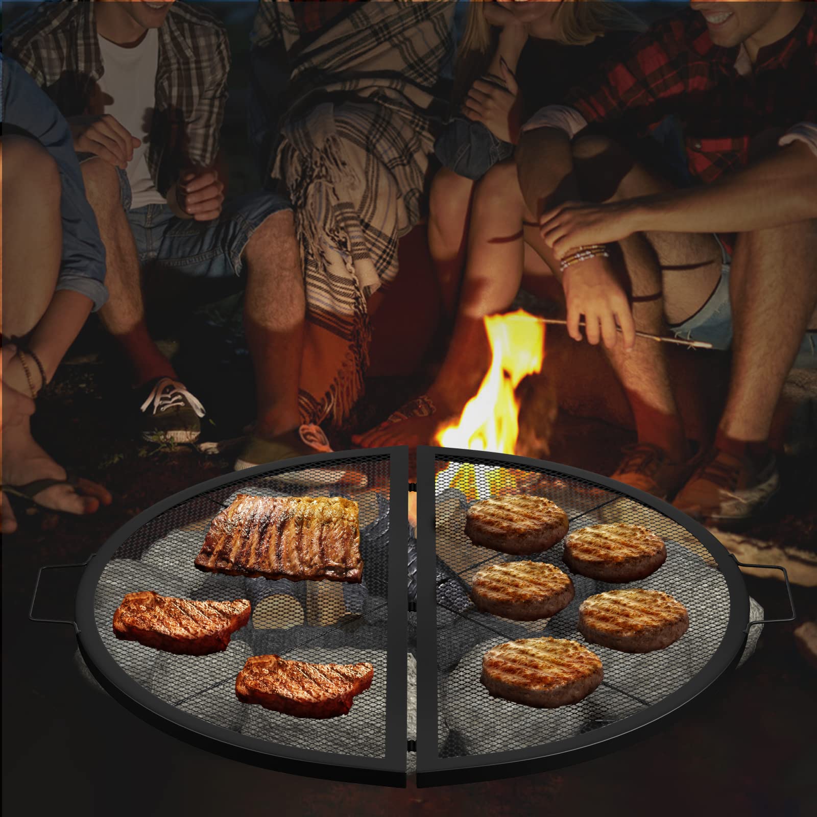 VEVOR Foldable Fire Pit Grate Round Heavy Duty X-Marks BBQ Grill with Portable Handle & Support Wire for Outdoor Campfire Party & Gathering, 30 Inch Black