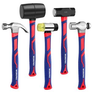workpro 5-piece hammer set, forged & polished steel head, fiberglass handle, 32oz rubber mallet | 16oz claw hammer | 3lb sledge hammer | 16oz ball peen hammer | 22oz double-faced mallet