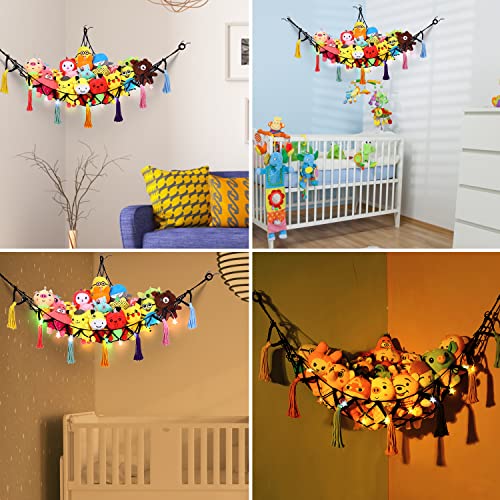 KanYool Stuffed Animal Net or Hammock, Boho Net Hammock for Stuffed Animals with Led Lights Wall Corner Storage Hanging Plush Toy Net with Tassels Teddy Bear Net Black