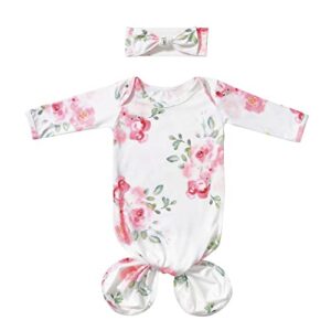 mikccer baby newborn knotted gown 0-6 months, soft breathable sleeper gowns, babies girl coming home outfit infant watercolor flowers nightgowns with headband set