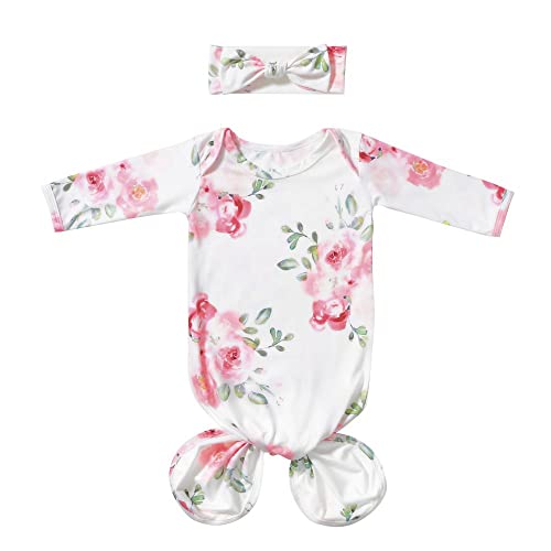 Mikccer Baby Newborn Knotted Gown 0-6 Months, Soft Breathable Sleeper Gowns, Babies Girl Coming Home Outfit Infant Watercolor Flowers Nightgowns with Headband Set