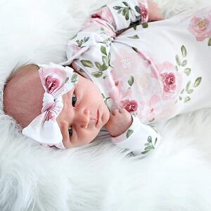 Mikccer Baby Newborn Knotted Gown 0-6 Months, Soft Breathable Sleeper Gowns, Babies Girl Coming Home Outfit Infant Watercolor Flowers Nightgowns with Headband Set