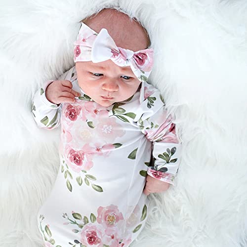 Mikccer Baby Newborn Knotted Gown 0-6 Months, Soft Breathable Sleeper Gowns, Babies Girl Coming Home Outfit Infant Watercolor Flowers Nightgowns with Headband Set