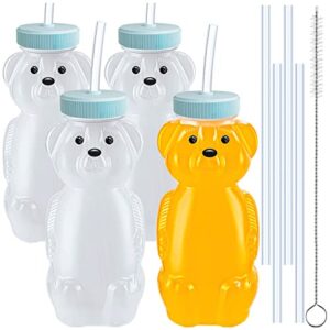 4 pcs honey bear straw cup, baby straw cups with 8 flexible straws and 1 straw brushes, 8oz special supplies juice bear bottle for infant feeding, drinking needs of those with poor oral health (blue)