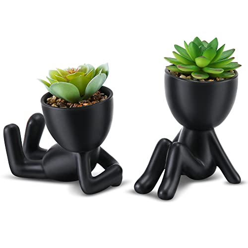 WOODWORD Fake Succulent, Mini Succulents Plants Artificial in Black Modern Human Shaped Ceramic Pots Desk Decor Desk Plant for Office Decor for Women, Cute Fake Plants Bathroom Decor 2PCS