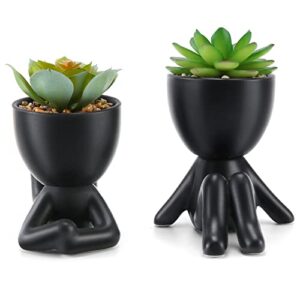 WOODWORD Fake Succulent, Mini Succulents Plants Artificial in Black Modern Human Shaped Ceramic Pots Desk Decor Desk Plant for Office Decor for Women, Cute Fake Plants Bathroom Decor 2PCS