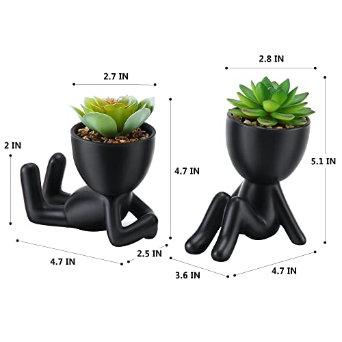 WOODWORD Fake Succulent, Mini Succulents Plants Artificial in Black Modern Human Shaped Ceramic Pots Desk Decor Desk Plant for Office Decor for Women, Cute Fake Plants Bathroom Decor 2PCS