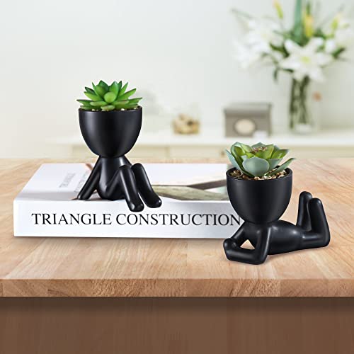 WOODWORD Fake Succulent, Mini Succulents Plants Artificial in Black Modern Human Shaped Ceramic Pots Desk Decor Desk Plant for Office Decor for Women, Cute Fake Plants Bathroom Decor 2PCS