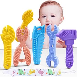 mgtfbg baby teething toys for 0-6 months 6-12 months - molar teether chew toys set bpa free silicone, soft textures - hammer wrench scissors shape baby teething toys gift 5-pack