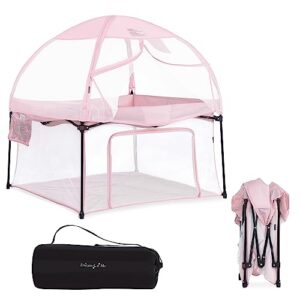 Dream On Me Ziggy Square Playpen with Canopy | Baby Playpen | Portable and Lightweight | Playpen for Babies and Toddler | Pink