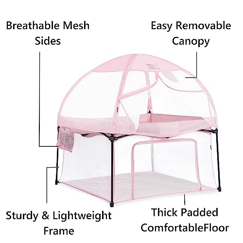 Dream On Me Ziggy Square Playpen with Canopy | Baby Playpen | Portable and Lightweight | Playpen for Babies and Toddler | Pink