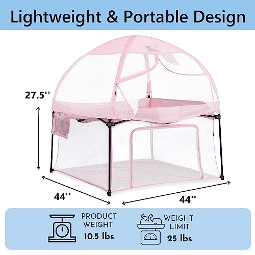 Dream On Me Ziggy Square Playpen with Canopy | Baby Playpen | Portable and Lightweight | Playpen for Babies and Toddler | Pink