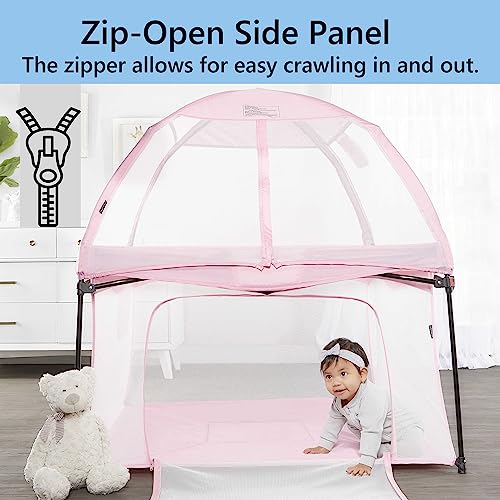 Dream On Me Ziggy Square Playpen with Canopy | Baby Playpen | Portable and Lightweight | Playpen for Babies and Toddler | Pink