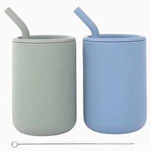 weesprout silicone baby drinking cup with straws and lids, 4 and 8 ounces options, set of 2 food grade toddler training, built in straw stoppers, measurement markings (matte blue, matte green)