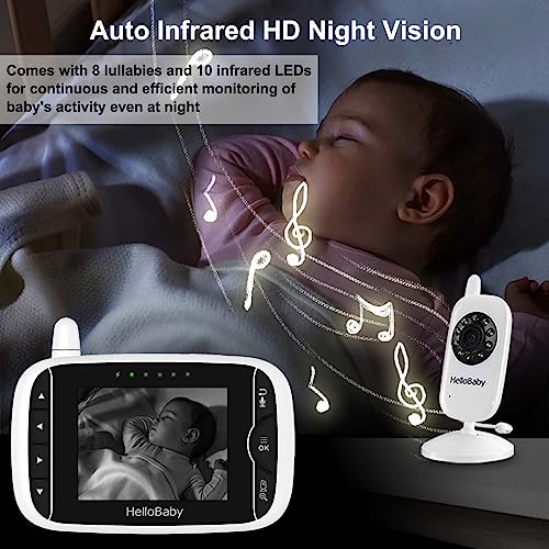 HelloBaby Video Baby Monitor with Camera and Audio - 3.2Inch Baby Camera Monitor IPS Display, Baby Monitor No WiFi, Two-Way Audio, VOX Mode, Infrared Night Vision, Temperature Monitoring, Lullaby
