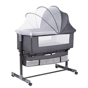 gofirst bedside bassinet for baby, bedside sleeper with wheels, heigt adjustable, with mosquito nets, large storage bag, for infant/baby/newborn (grey)