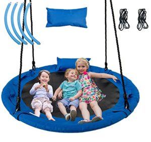 infans 660lbs 40 inch saucer tree swing with pillow handle adjustable hanging rope, round flying swing seat for kids, outdoor round platform swing for backyard playground blue