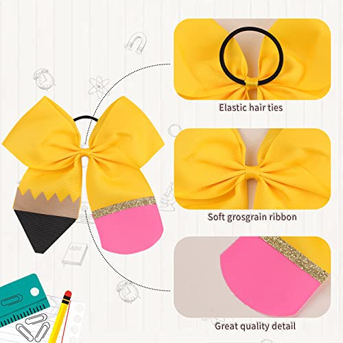 Back to School Pencil Cheer Hair Bows, Oaoleer 6PCS Grosgrain Ribbon Yellow Pencil Bows Gifts Decorations for Girls Toddler Kids Kindergarten 1st 2nd 3rd 4th 5th Grade (Pencil Bows Elastic Band)