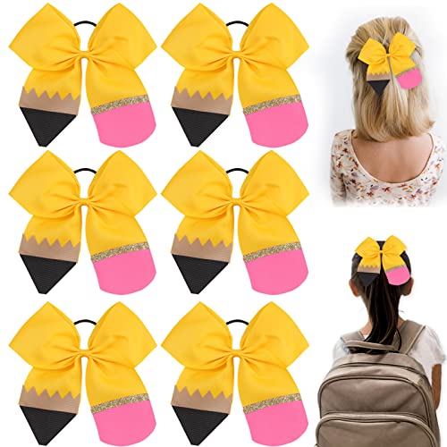 Back to School Pencil Cheer Hair Bows, Oaoleer 6PCS Grosgrain Ribbon Yellow Pencil Bows Gifts Decorations for Girls Toddler Kids Kindergarten 1st 2nd 3rd 4th 5th Grade (Pencil Bows Elastic Band)