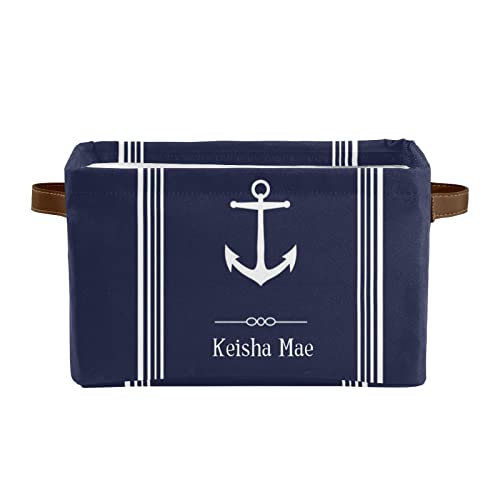 Navy Blue Nautical Anchor Personalized Storage Bins,Foldable Baskets Organizer with Handle for Nursery Pet Toy Clothes Box 1 Pack