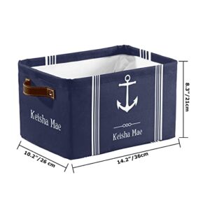 Navy Blue Nautical Anchor Personalized Storage Bins,Foldable Baskets Organizer with Handle for Nursery Pet Toy Clothes Box 1 Pack