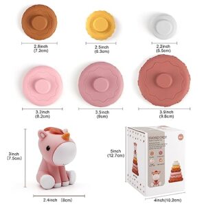 Nueplay 7 Pcs Stacking & Nesting Baby Toys, Squeeze Teething Baby Toys and Building Circle with Pink Horse Figure, Newborn Essentials for 6 12 18 Months Baby Toddler Girls