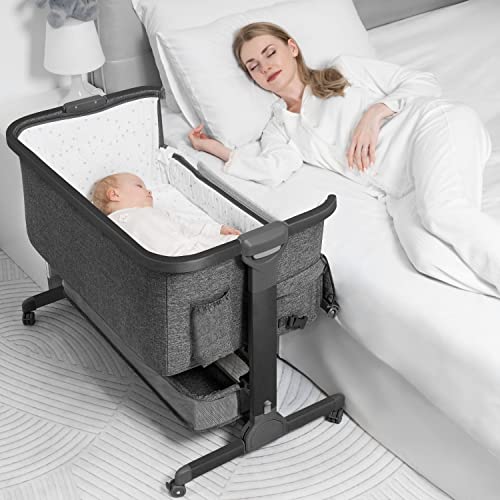 SKIH Baby Bedside Sleeper,Baby Bassinets,Quick Assemble Travel Bassinet with Storage Basket,Portable Baby Crib for Safe Co-Sleeping,Adjustable Baby Playard for Infant Newborn(Charcoal Grey)