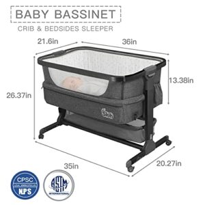 SKIH Baby Bedside Sleeper,Baby Bassinets,Quick Assemble Travel Bassinet with Storage Basket,Portable Baby Crib for Safe Co-Sleeping,Adjustable Baby Playard for Infant Newborn(Charcoal Grey)