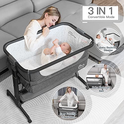 SKIH Baby Bedside Sleeper,Baby Bassinets,Quick Assemble Travel Bassinet with Storage Basket,Portable Baby Crib for Safe Co-Sleeping,Adjustable Baby Playard for Infant Newborn(Charcoal Grey)