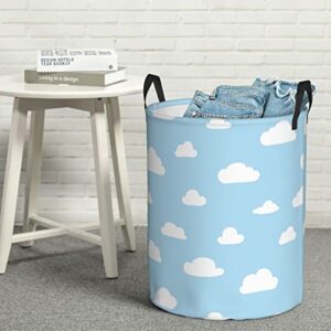 Round Laundry Hamper White Clouds Cartoon Blue Storage Basket Waterproof Coating Organizer Bin For Nursery Clothes Toys Medium