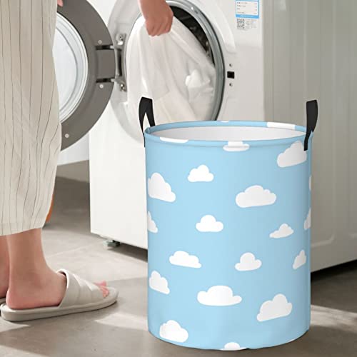 Round Laundry Hamper White Clouds Cartoon Blue Storage Basket Waterproof Coating Organizer Bin For Nursery Clothes Toys Medium