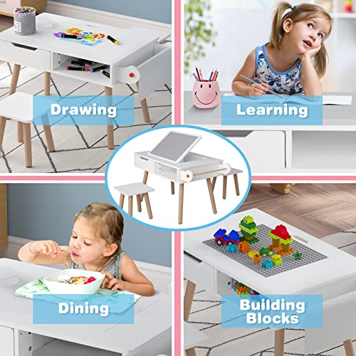 PIAOMTIEE Upgraded Kids Art Table and Chair Set, 2-in-1 Multi Activity Table Set w/Detachable Tabletop for Toddlers Crafts, Drawing, Reading, Playroom, Lego Table with Storage, Gift for Boy & Girl