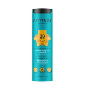 attitude sunscreen stick for baby and kids, broad spectrum uva/uvb, plant and mineral-based formula, coral reefs friendly, vegan and cruelty-free sun care products, face, spf 30, unscented, 1 oz