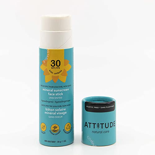 ATTITUDE Sunscreen Stick for Baby and Kids, Broad Spectrum UVA/UVB, Plant and Mineral-Based Formula, Coral Reefs Friendly, Vegan and Cruelty-free Sun Care Products, Face, SPF 30, Unscented, 1 Oz