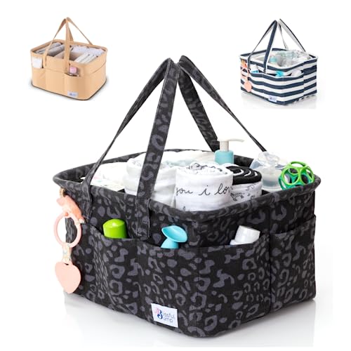 The Blissful Bump Diaper Caddy Organizer, Storage Basket, Caddy organizer with Handle, Baby Organizer for Nursery -Modern Diaper Basket for Boy, Girl, Charcoal Gray Leopard Print