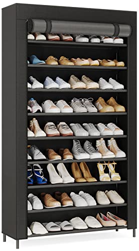 10 Tier Shoes Rack with Cover, Shoes Racks Organizer for Closet, Black Vertical Shoe Shelf for Entryway,50 Pair Large Shoe Stand, Non-Woven Shoe Storage Cabinet