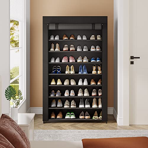 10 Tier Shoes Rack with Cover, Shoes Racks Organizer for Closet, Black Vertical Shoe Shelf for Entryway,50 Pair Large Shoe Stand, Non-Woven Shoe Storage Cabinet