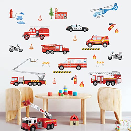 wondever Fire Trucks Wall Stickers Transportation Firefighter Vehicle Peel and Stick Wall Art Decals for Kids Boys Bedroom Baby Nursery