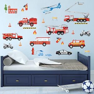 wondever Fire Trucks Wall Stickers Transportation Firefighter Vehicle Peel and Stick Wall Art Decals for Kids Boys Bedroom Baby Nursery