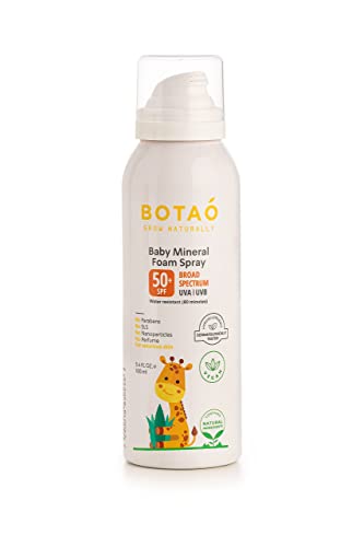 BOTAO BABY’S MINERAL SUNSCREEN FOAM SPRAY: SPF50 Broad Spectrum UVA UVB, Babies or Toddlers Sunburn Protection, Zinc Oxide, 3.4 Oz (1-Pack)