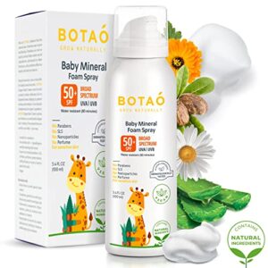 BOTAO BABY’S MINERAL SUNSCREEN FOAM SPRAY: SPF50 Broad Spectrum UVA UVB, Babies or Toddlers Sunburn Protection, Zinc Oxide, 3.4 Oz (1-Pack)