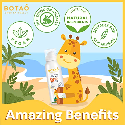 BOTAO BABY’S MINERAL SUNSCREEN FOAM SPRAY: SPF50 Broad Spectrum UVA UVB, Babies or Toddlers Sunburn Protection, Zinc Oxide, 3.4 Oz (1-Pack)