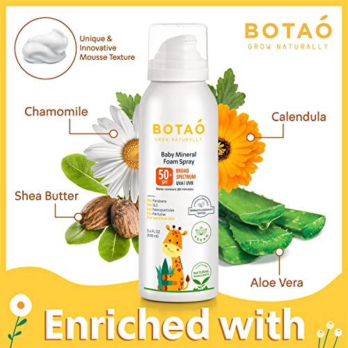 BOTAO BABY’S MINERAL SUNSCREEN FOAM SPRAY: SPF50 Broad Spectrum UVA UVB, Babies or Toddlers Sunburn Protection, Zinc Oxide, 3.4 Oz (1-Pack)